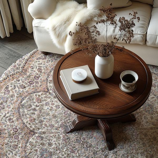 Close-up of a classic living room with a round side table on a floral carpet.